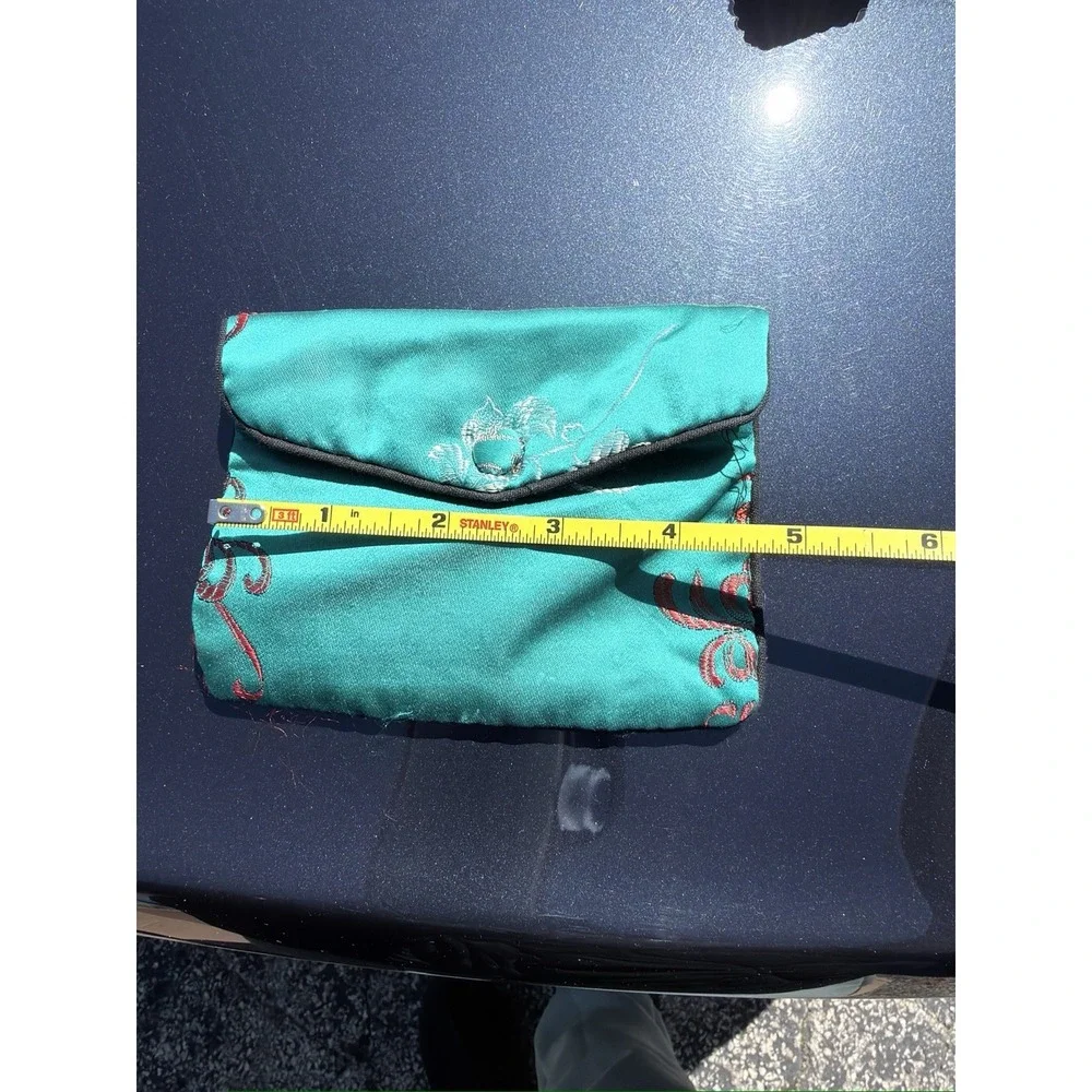 Vintage Brocade Jewelry Pouch Green Red‎ Fabric Coin Purse Small